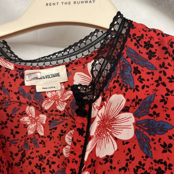Sz 4-6 Women's Zadig & Voltaire Ruti Pensee Red Double Floral Silk Dress print - Picture 8 of 8